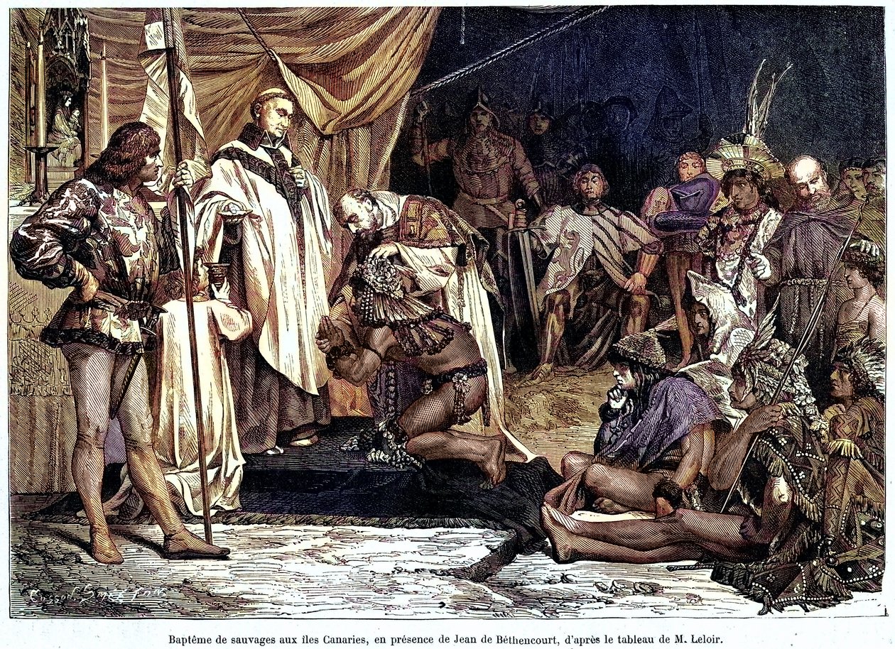 Jean de Bethencourt，诺曼绅士，Saint Martin le Gaillard 男爵，1405 年 1 月征服加那利群岛并将其基督教化，摘自杂志《Sur terre et sur mer》n°28，1 月 8 日 作者 未知艺术家