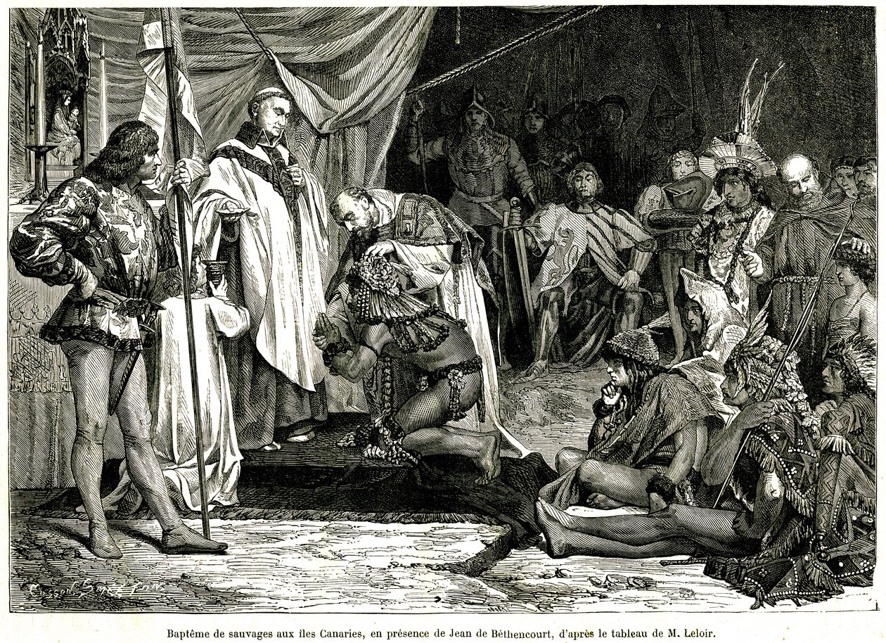 让·德·贝当古 (Jean de Bethencourt)，诺曼绅士，圣马丁·勒盖拉德 (Saint Martin le Gaillard) 男爵，于 1405 年 1 月征服加那利群岛并使其基督教化，摘自《Sur terre et sur mer》杂志，n°28，1 月 8 日 作者 未知艺术家