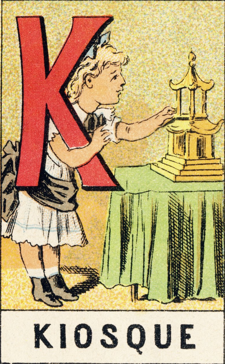 K：Kiosk - 从 ABCD des petits filles 雕刻。 Pellerin & Cie，印刷出版商，Epinal，约 1890 年。意甲。尺寸：19 x 13.5 厘米。 作者 不明