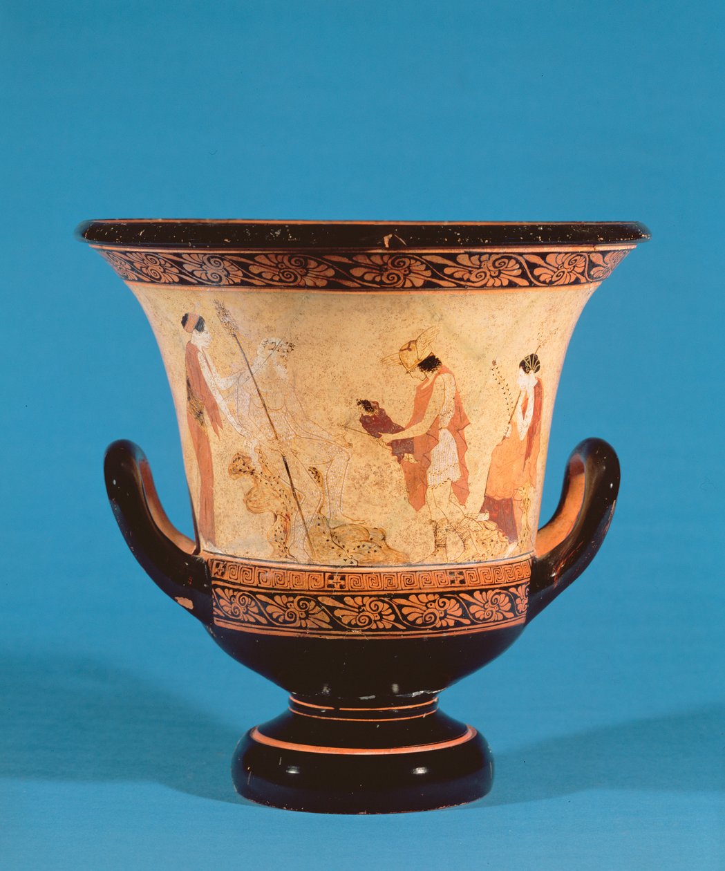描绘赫尔墨斯将婴儿狄俄尼索斯交给仙女的Kalyx krater，伊特鲁里亚人，约公元前460年（赤土陶器 作者 不明