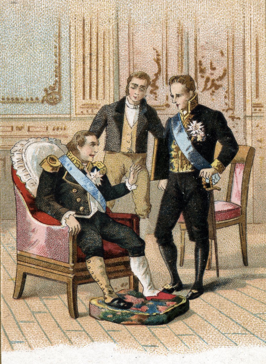 法国国王路易十八（1755-1824 年）病重，1824 年 8 月对 Joseph de Villele 说："国王可能会死，他不能生病"。19 世纪（彩色石版画） 作者 未知艺术家