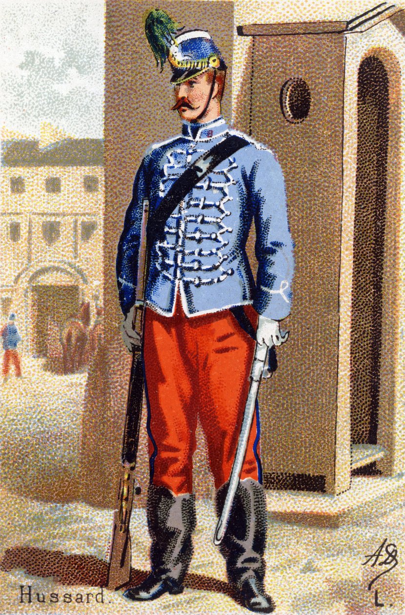 L: Hussard.用 "军事字母表 "雕刻。插画师的名字缩写。A. D. 未知出版商。19世纪末的彩色石版画。尺寸：10,5x7cm . 作者 不明