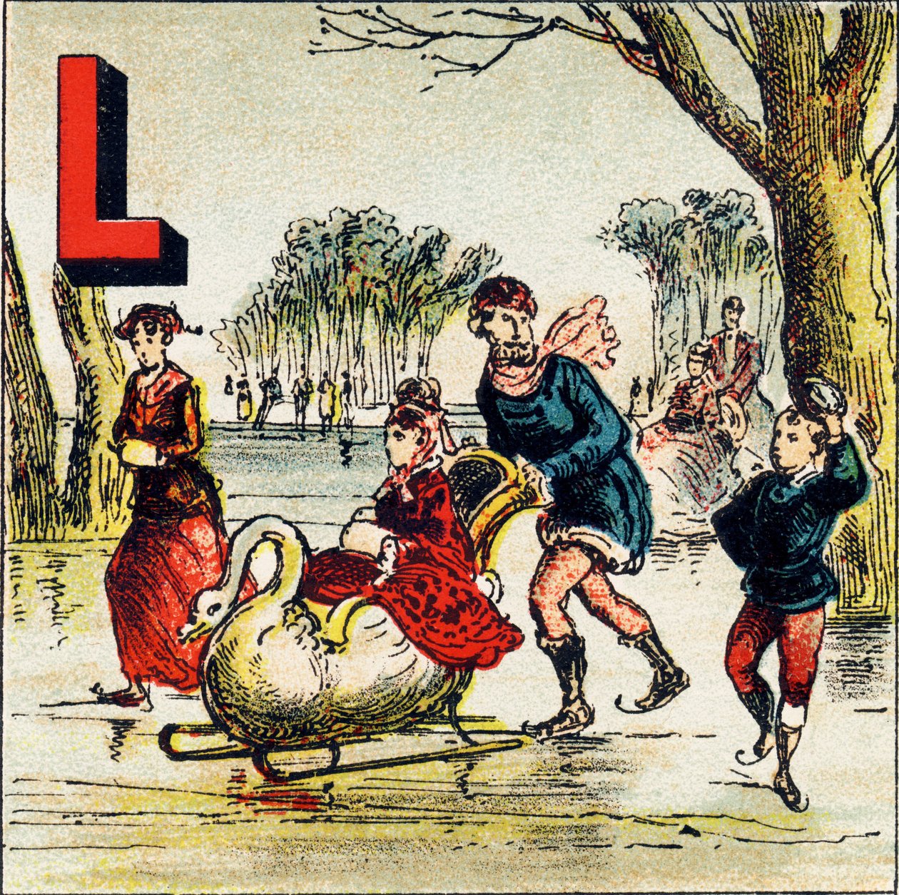 L：湖。湖泊是由陆地围成的大片水域。Le Lac de Geneve est un lac admirable - 雕刻取自Alphabet geographique。Guerin-Muller et Cie, editeurs, Paris 作者 不明