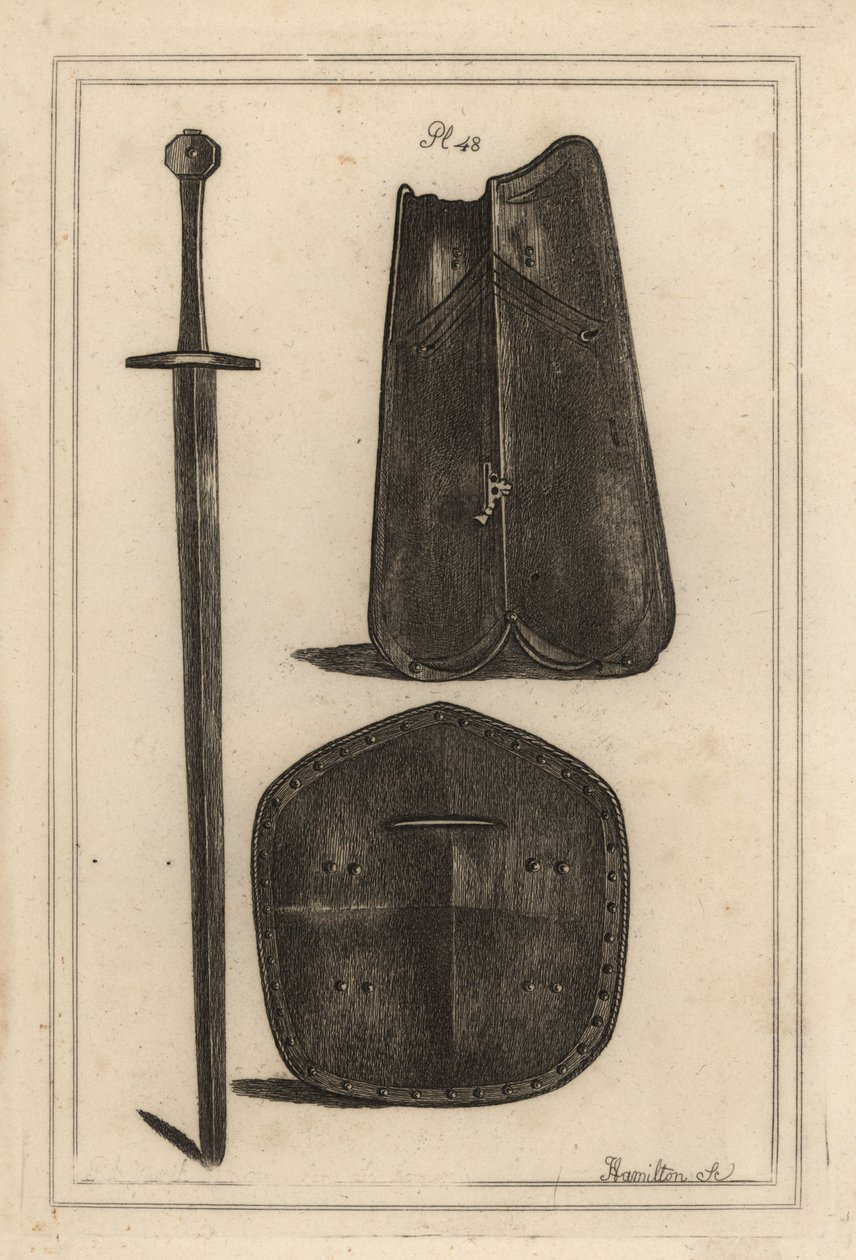 Large breastplate or cuirass 1, shield perforated in the centre 2 and two-handed sword that all belonged to Guy, Earl of Warwick 3, Copperplate engraving by J 作者 不明