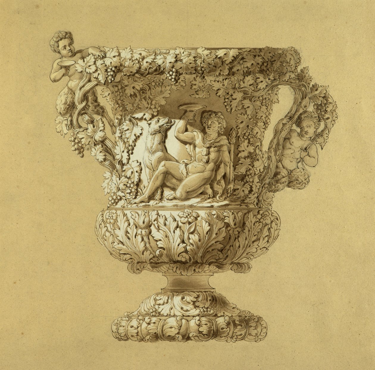 大壶酒。 Charles Nicolas Odiot (Charles-Nicolas Odiot (1789-1868)) 的棕褐色水彩画，大约 1834 年。 作者 不明