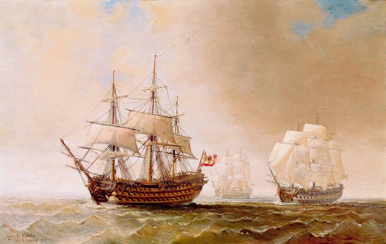 1805 年 10 月 21 日特拉法加海战中的西班牙战舰 San Hermenegildo：维伦纽夫海军上将率领的西班牙舰队与纳尔逊海军中将指挥的英国舰队对阵。19 世纪的无名画作 作者 未知艺术家