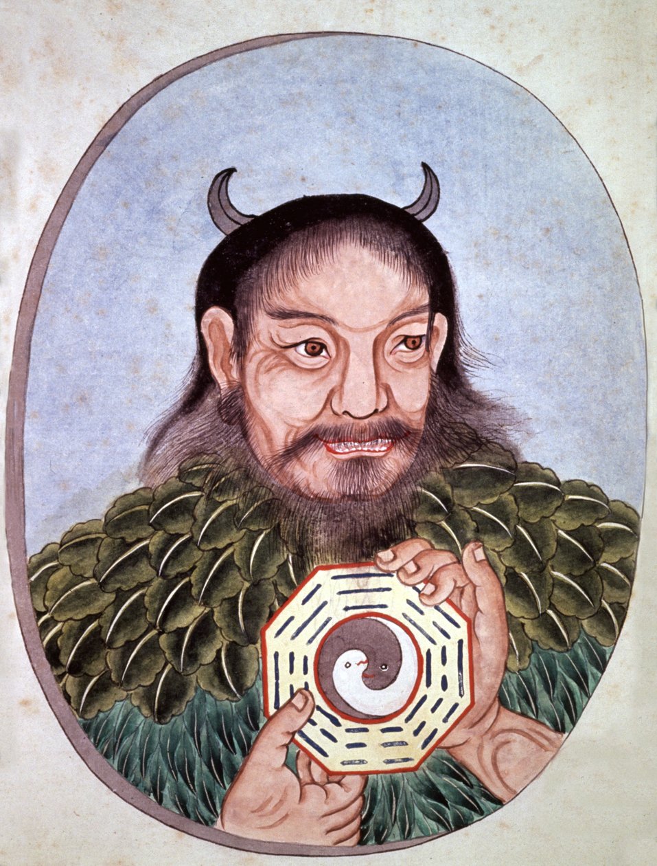 传说中的中国皇帝伏羲，道教创始人之一（公元前 2582 年），他手持阴阳牌，中国雕刻，18 世纪末 作者 未知艺术家