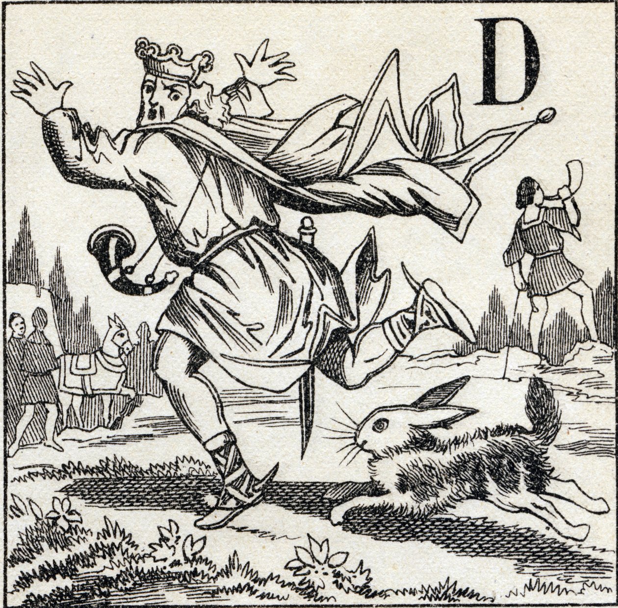 字母D。达戈贝尔特国王被一只野兔追赶。雕刻在 "ABC Les Images en Alphabet "中。埃皮纳尔成像。Pellerin and Cie，印刷-出版商，埃皮纳尔，19世纪末，约1890年。10页。尺寸：19.5 x 13.5厘米 作者 不明