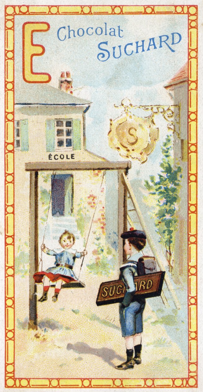 字母E：学校，儿童，escarpolette，徽章，标志，入口，梯子，小学生。Chocolat Suchard编辑的《字母表》版画，20世纪初。24张彩色石版画代表了在该书中要发现的地方、人物和物品。 作者 不明