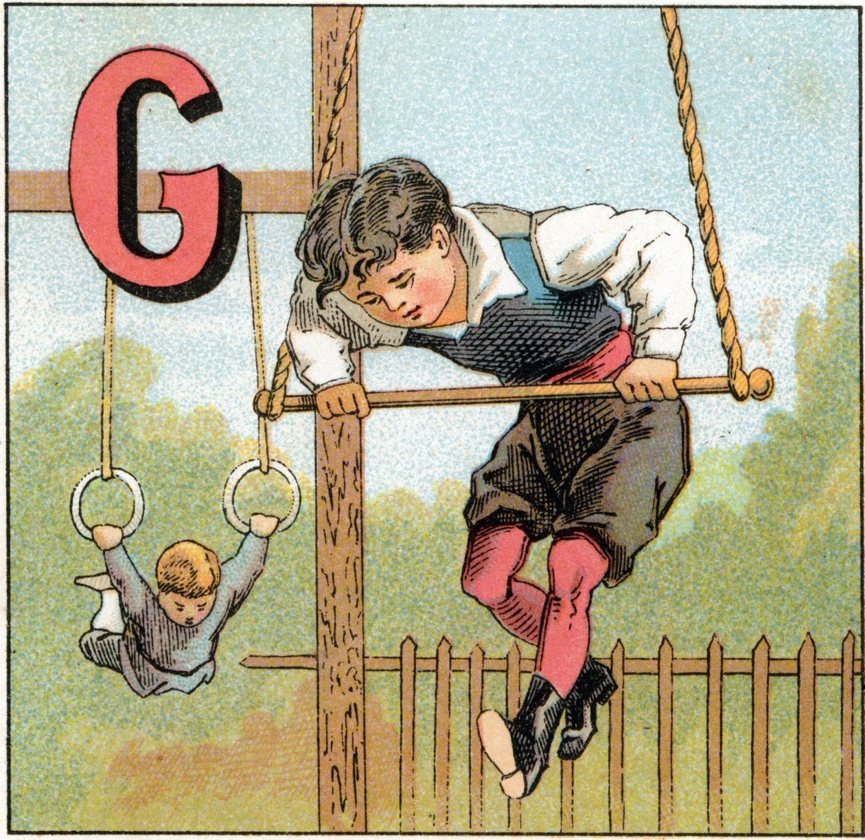 体操的字母 G。 雕刻在“Alphabet des petits ecoliers”上。Epinal 的成像，大约 1885 年。Privee 收藏 作者 不明