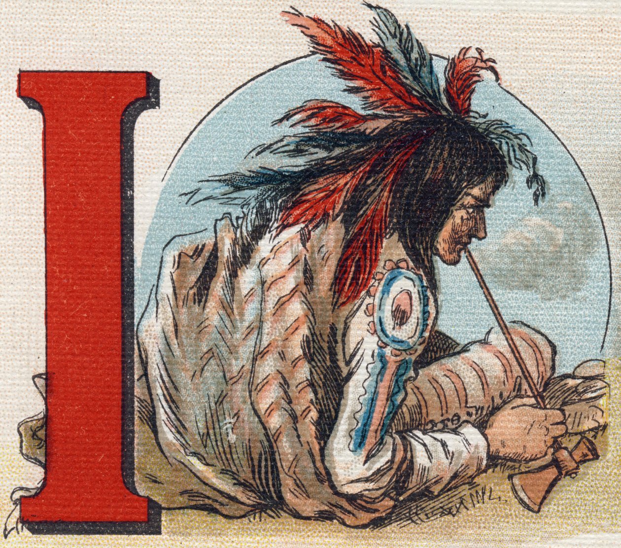 Letter I: American Indian. Engraving in "Alphabet de ma petite fille". Bernardin-Bechet and Fils, bookseller-publishers, Paris, around 1895. Unbreakable album on canvas. Bibliotheque des Bebes. 12 pages. Album containing a reading method and an illustrativ 作者 不明