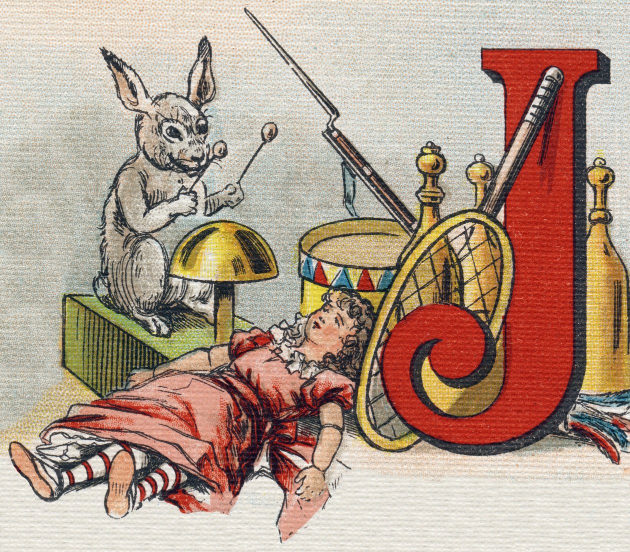 Letter J: toys. Engraving in "Alphabet de ma petite fille". Bernardin-Bechet and Fils, bookseller-publishers, Paris, around 1895. Unbreakable album on canvas. Bibliotheque des Bebes. 12 pages. Album containing a reading method and an illustrative abecedary 作者 不明