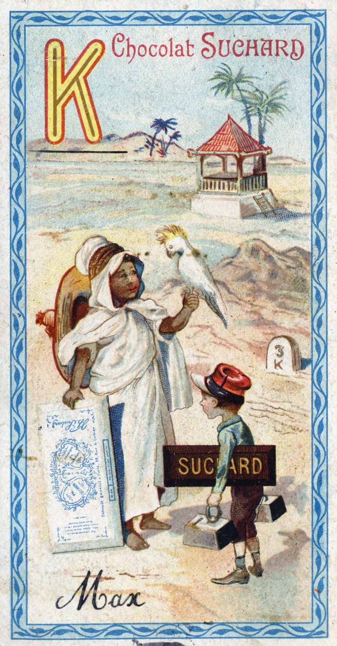 字母K：kabyle，kepi，kilogram，kakatoes，kiosk， kilometre。Chocolat Suchard编辑的《字母表》版画，20世纪初。24张彩色石版画，代表了图像中要发现的地方、人物和物品。Dim: 105x55mm 作者 不明