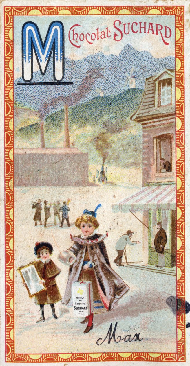 字母 M：山、镜子、机器、制造、外套、乞丐、磨坊。 20 世纪初，由 Chocolat Suchard 编辑的字母雕刻。 24 幅彩色石版画，代表要在图像中发现的地点、人物和物体。 暗淡： 作者 不明