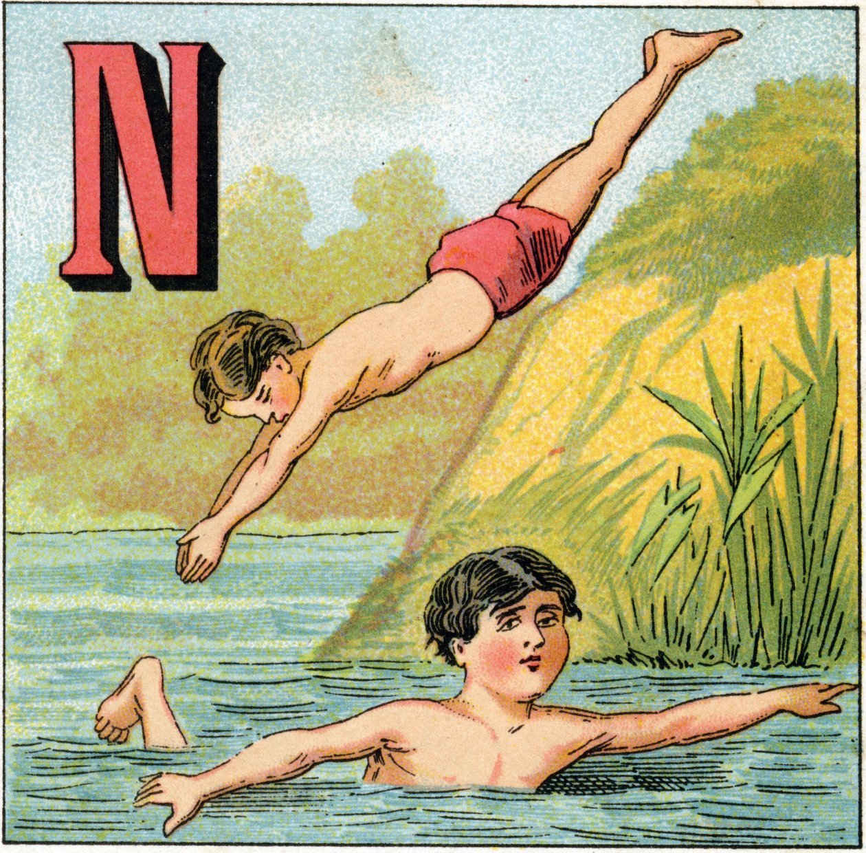 游泳的字母 N。 雕刻在“Alphabet des petits ecoliers”上。Epinal 的成像，大约 1885 年。Privee 收藏 作者 不明