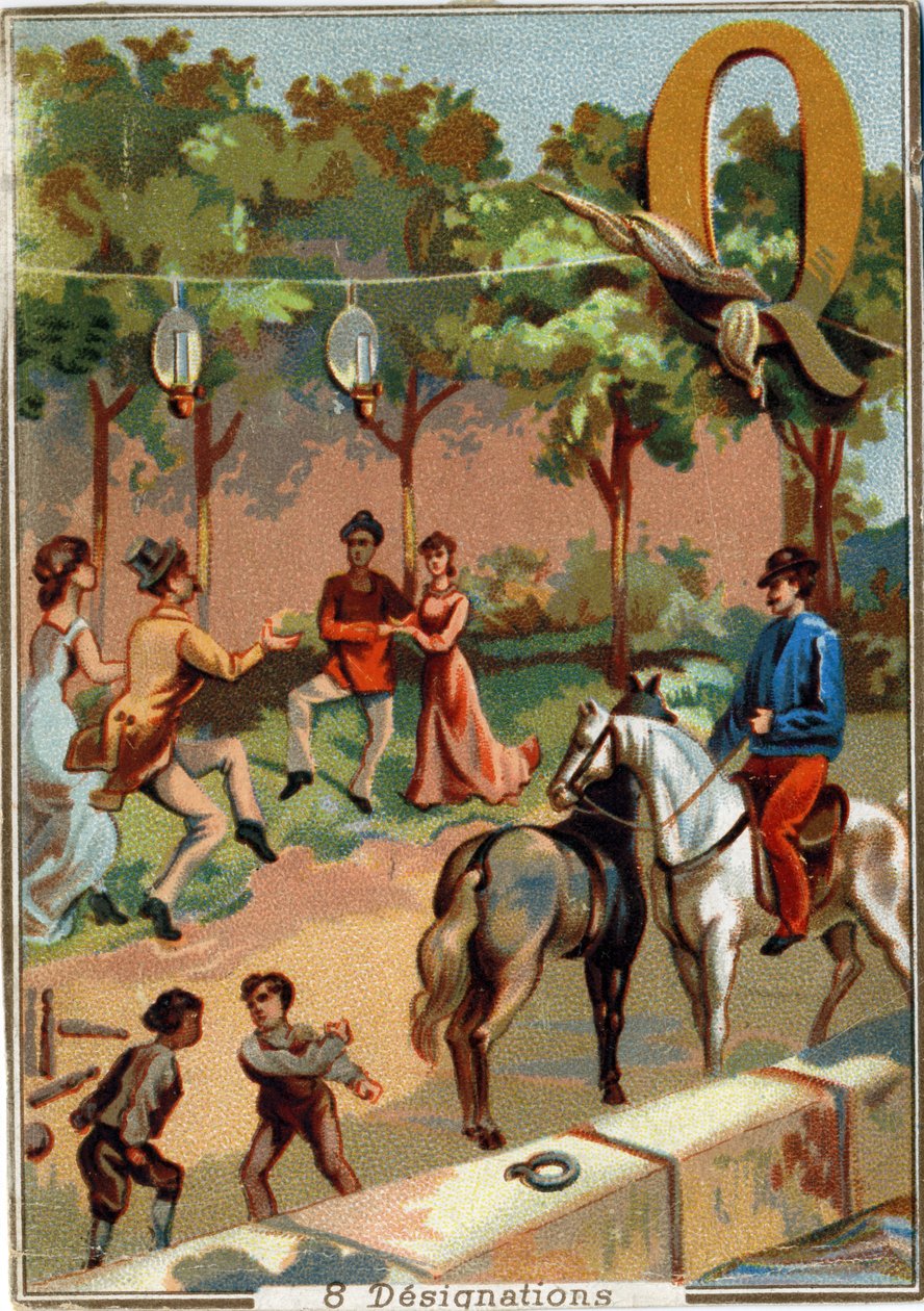 字母Q：quadrille；quarrel；bowling；cattail；quinquets；four；wharf。字母表.在每张图片中，都有一些杰出的词语，其表现形式是分期的。巴黎石版画的铬版画，大约在1890年。规格：10,7x7,5cm . 作者 不明
