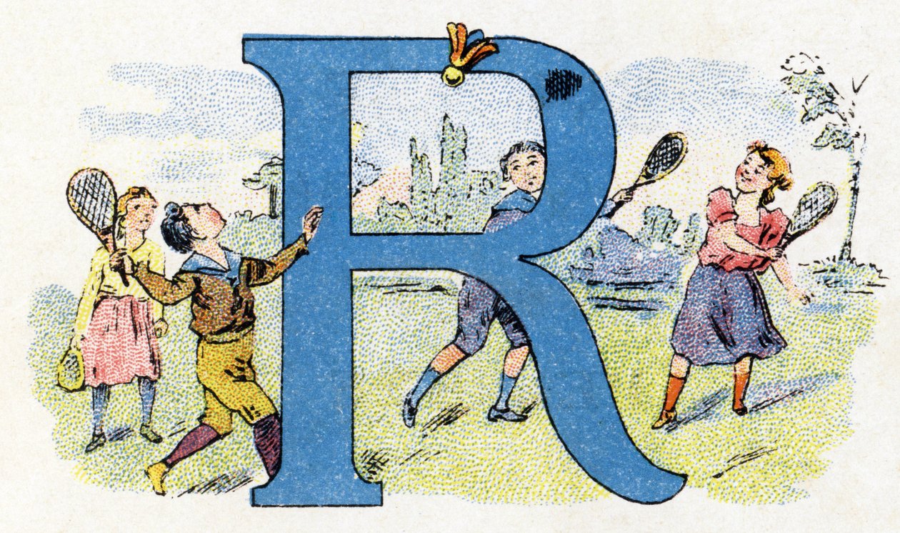 字母 R：飞行球拍。 Phosphatine Falieres 字母表。 雕刻。 Brevete 字母 S.G.D.G. 药剂师皮埃尔·埃米尔·法列雷斯。 19 世纪后期的彩色光刻插图。 16 页。 尺寸：103x154mm 作者 不明