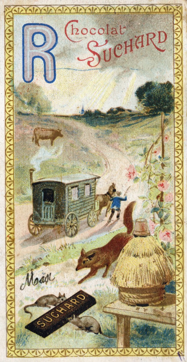 字母R：射线、反刍动物、拖车、蜂房、狐狸、老鼠、玫瑰。Chocolat Suchard编辑的《字母表》版画，20世纪初。24张彩色石版画，代表了图像中的地方、人物和物体，有待发现。规格：105x55mm 作者 不明