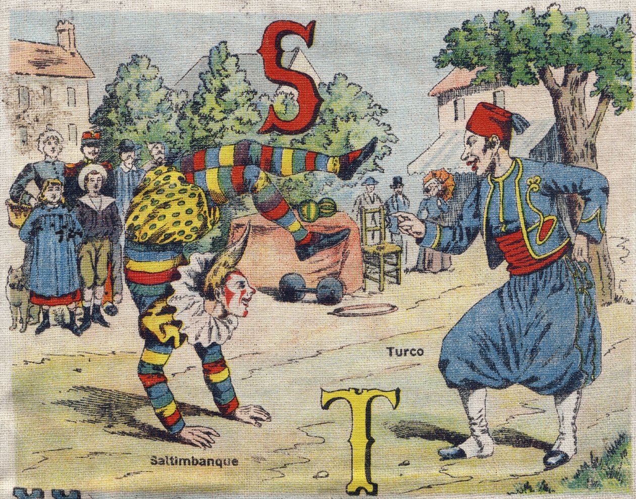 字母S和T：Saltimbanque和Turco .Drolatic专辑.专辑中的第4个系列--画布上的溴化物。组织上的彩色石版画。影像马塞尔-瓦涅，贾维尔-南希，20世纪初。规格：25x17,5cm 作者 不明