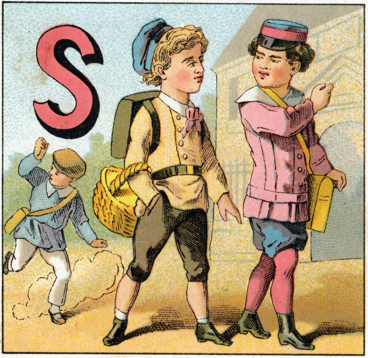 字母 S 作为学校离开。 雕刻在“Alphabet des petits ecoliers”上。Epinal 的成像，大约 1885 年。Privee 收藏 作者 不明