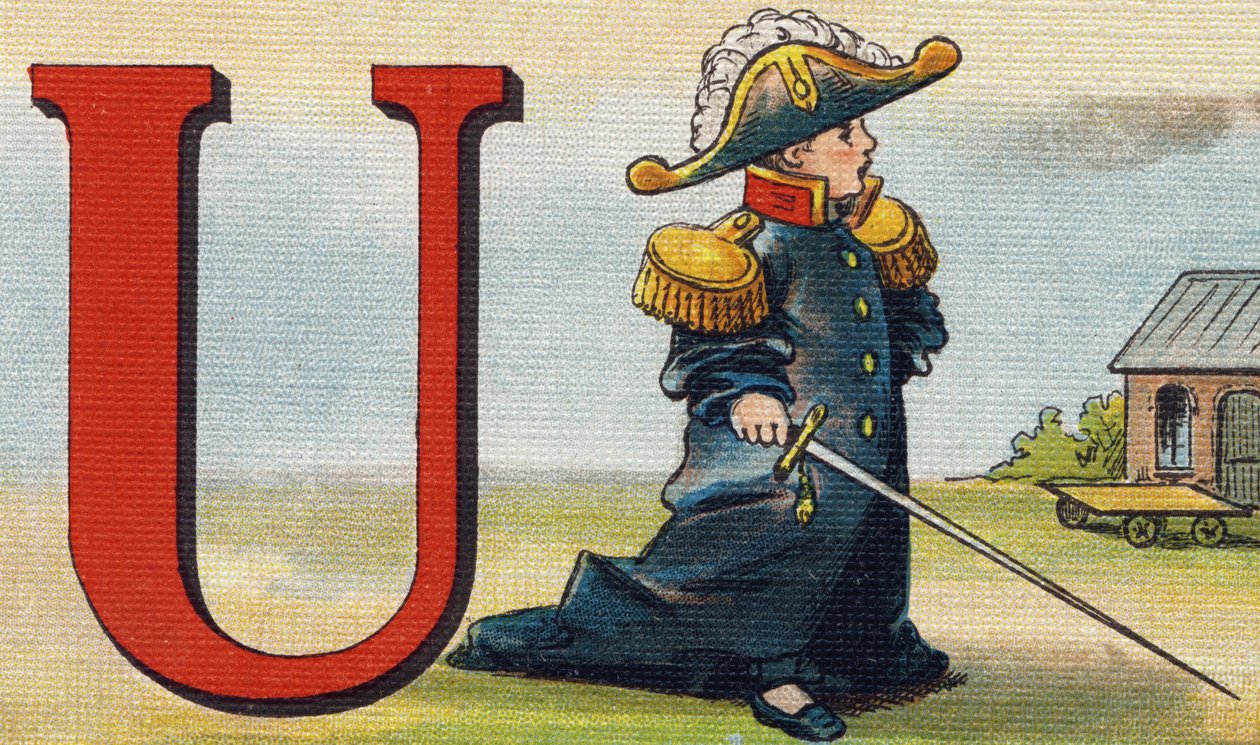 字母 U：制服。 雕刻“Alphabet de ma petite fille”。 Bernardin-Bechet 和 Fils，书商出版商，巴黎，约 1895 年。坚不可摧的画布专辑。 贝贝斯图书馆。 12 页。 包含阅读方法和说明的相册 作者 不明