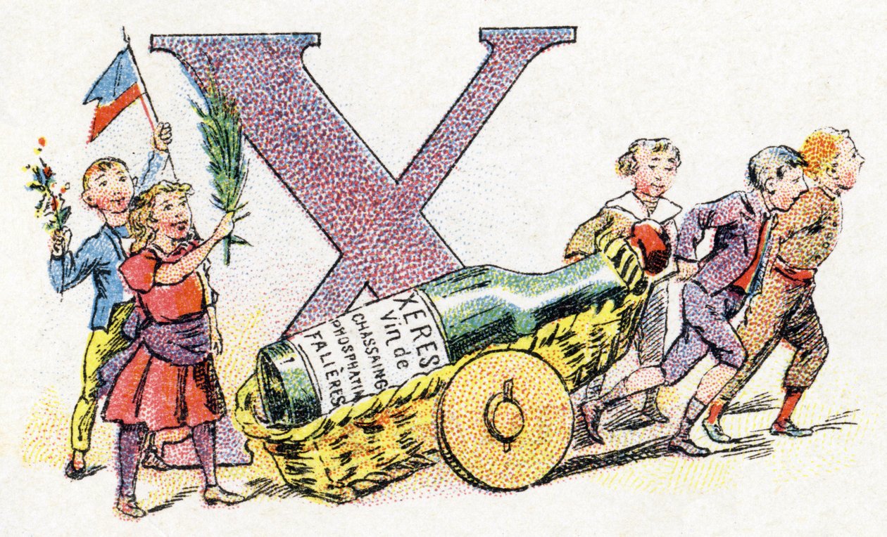 字母X：Xeres。Phosphatine Falieres的字母表.雕刻。药剂师Pierre Emile Falieres的S.G.D.G.字母表.19世纪末的彩色石版画插图。16页。规格：103x154mm 作者 不明