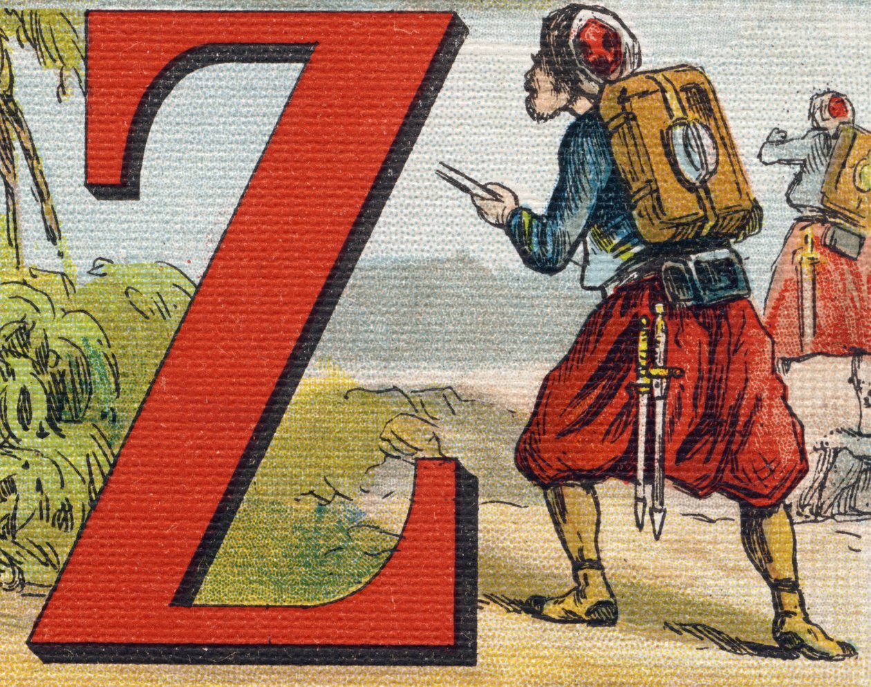 字母Z：Zouave。雕刻在《我的小女儿的字母表》中。Bernardin-Bechet and Fils，书商-出版商，巴黎，1895年左右。画布上的牢不可破的画册。Bibliotheque des Bebes。12页。画册包含阅读方法和插图abeceda 作者 不明