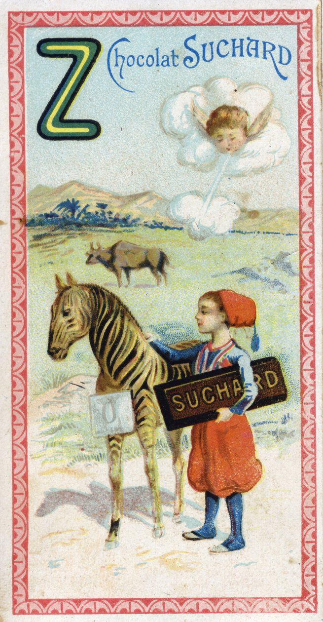 字母Z：Zephir，Zouave，Zebu，Zebra，零。Chocolat Suchard编辑的《字母表》版画，20世纪初。24张彩色石版画，代表了图像中的地方、人物和物体，有待发现。Dim: 105x55mm 作者 不明