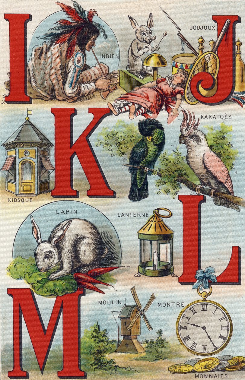 字母 I J K L; 印度人； 茹茹； 卡卡托斯； 亭; 灯笼; 兔子; 手表硬币； 磨。 雕刻在“我的小女孩的字母表”中。 Bernardin-Bechet 和 Fils，书商出版商，巴黎，约 1895 年。坚不可摧的画布专辑。 贝贝斯图书馆。 12 作者 不明