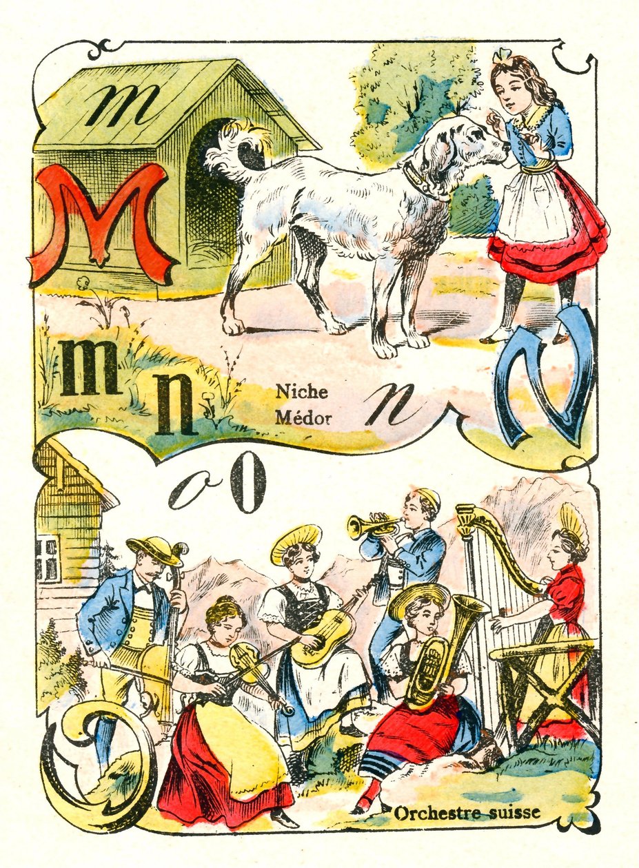 字母M N和O为Medor、Niche和Swiss Orchestra。在 "有趣的字母表 "中的雕刻。Pont-a-Mousson的图像。Louis Vagne的印刷和出版，19世纪末 作者 不明