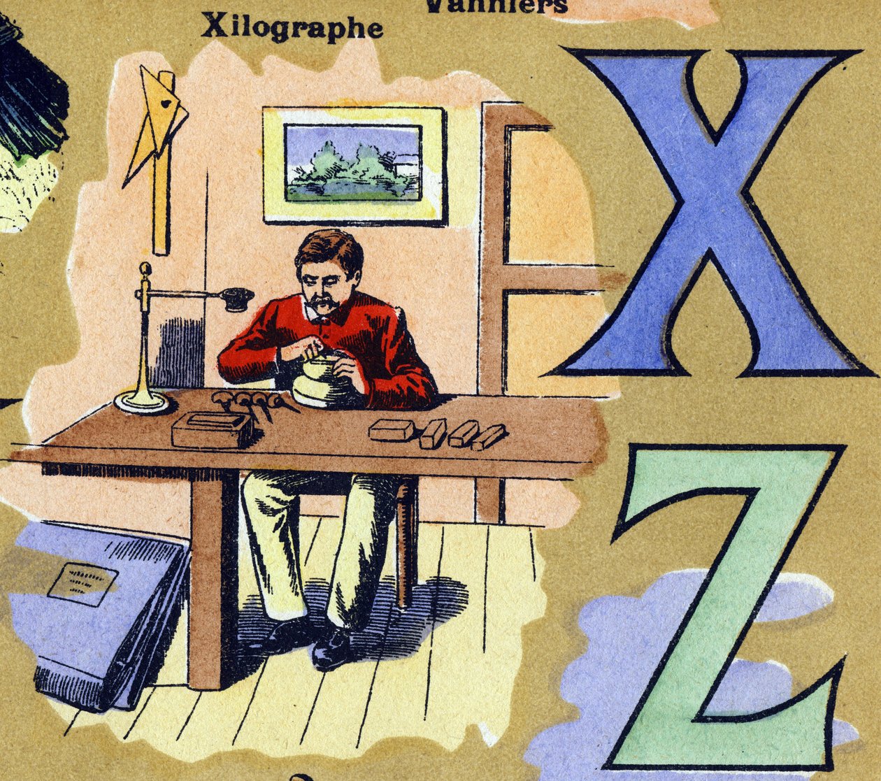 字母X和Z是一个Xilograph。雕刻师制作木刻。插图的字母表。20世纪初在Jarville-Nancy重聚的图像作品。尺寸：40 x 29厘米。石版印刷的背景 作者 不明