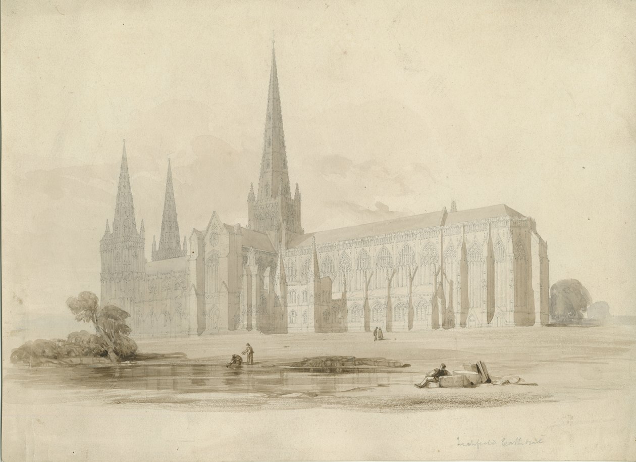 利奇菲尔德大教堂（Lichfield Cathedral）-东南视图：绘画和绘画，[[第19分] 作者 不明