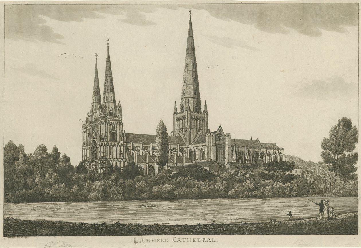利奇菲尔德大教堂（Lichfield Cathedral）-南视图：浅绿色雕刻，编号[c 1820-1830] 作者 不明