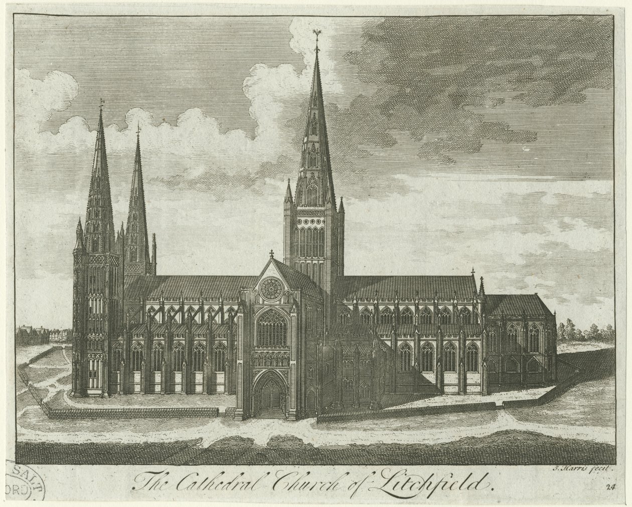 利奇菲尔德大教堂（Lichfield Cathedral）-南视图：版画，[[18分] 作者 不明