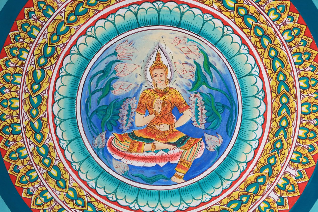 佛祖的生活。描绘佛祖生活的天花板艺术作品。Wat Inpeng.万象市。老挝, 20151029, 万象, 老挝 作者 不明