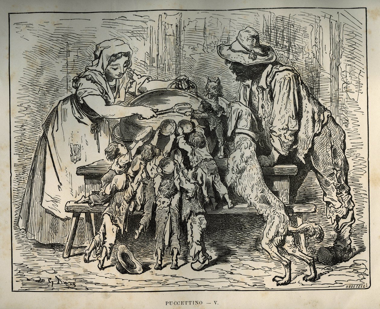 小Poulet和他饥饿的兄弟。古斯塔夫-多尔（Gustave Dore，1832-1883）根据查尔斯-佩罗（Charles Perrault，1628-1703）的 "Les contes "创作的版画。 作者 不明