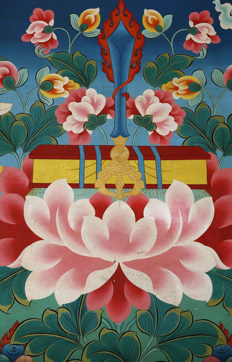 莲花，知识之剑和神圣的文本。加德满都，尼泊尔，科班寺院 作者 不明