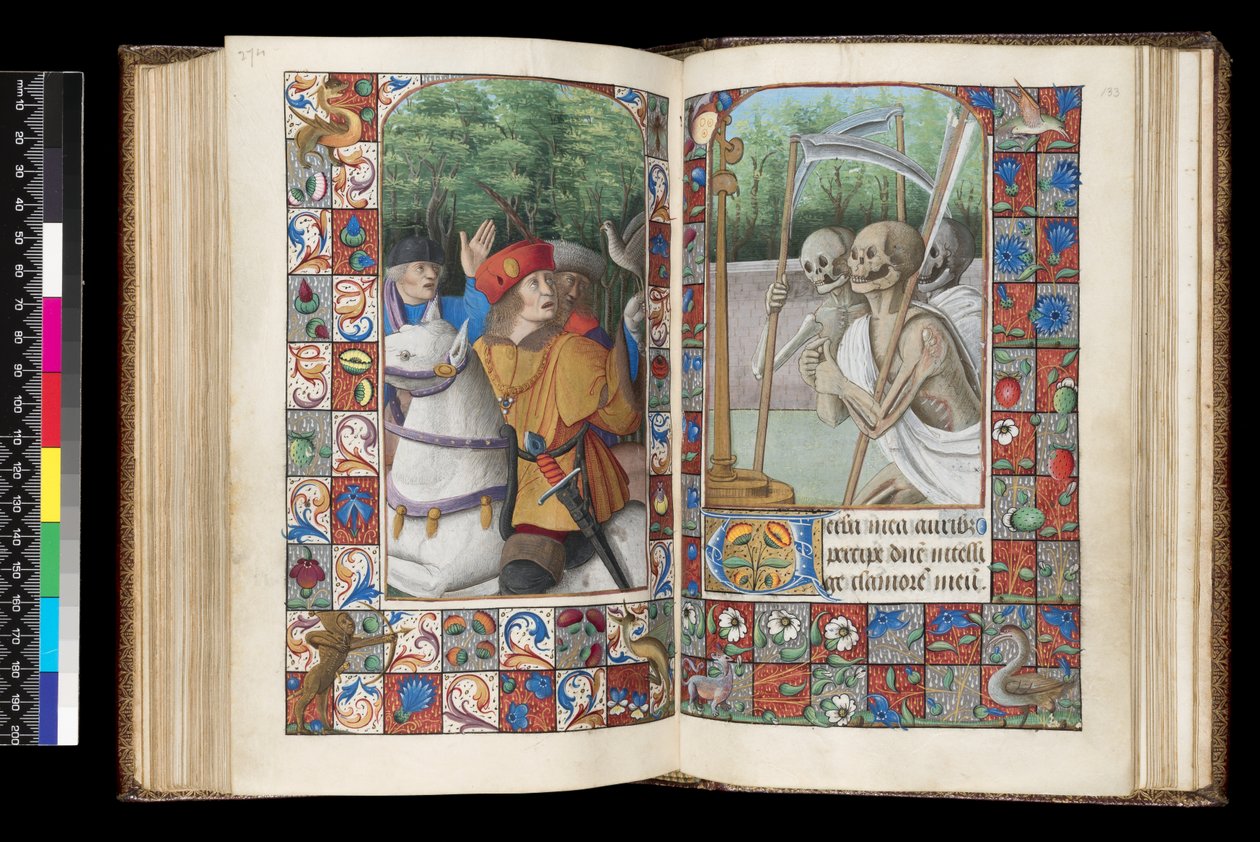 MS 92 f.132v-133r，死者办公室，马廷斯，《三个活着的和三个死者》，摘自《时光手册》，法国西部，使用罗马，1490-1510年 作者 不明