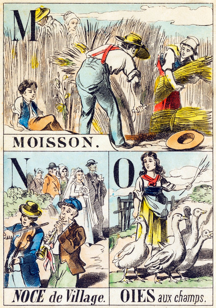 M N O : Moisson, Noce de village, Oies aux champs - "农场的字母表" 19世纪末（雕刻）。 作者 不明