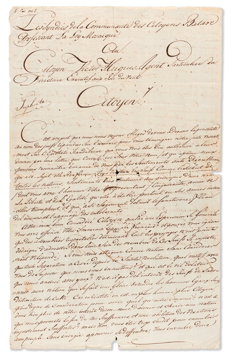 1798年9月8日给库拉索岛向风群岛行政指南特别代理人Victor Hugues签名的手稿“ Jb d Castro”和“ David Cohen Henriq”（纸本） 作者 不明