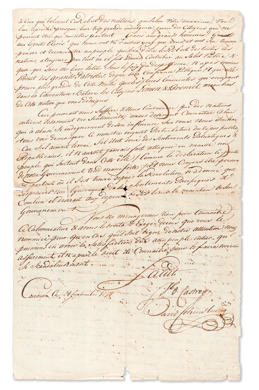 1798年9月8日给库拉索岛向风群岛行政指南特别代理人Victor Hugues签名的手稿“ Jb d Castro”和“ David Cohen Henriq”（纸本） 作者 不明