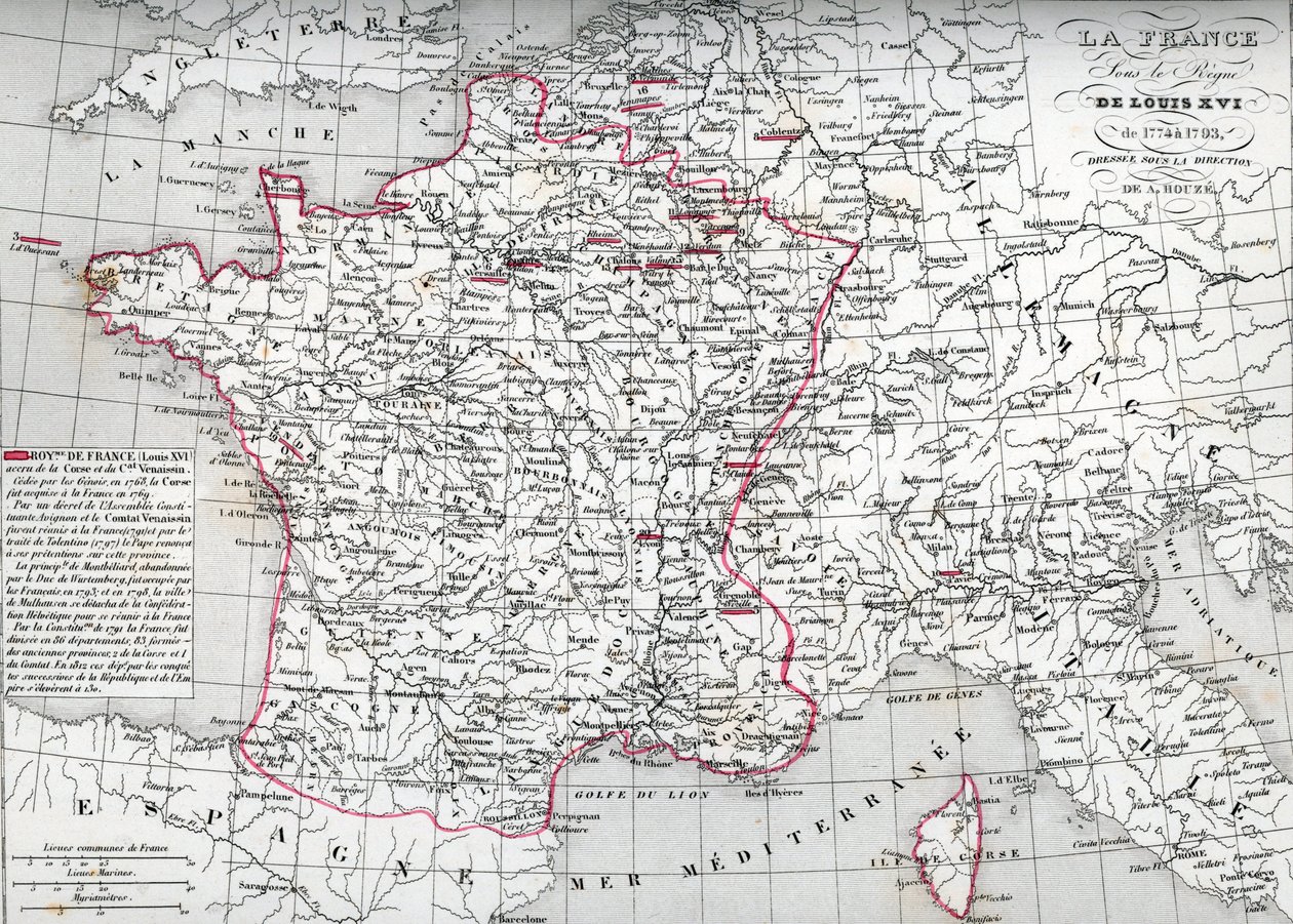 1774 年至 1793 年路易十六国王统治时期的法国地图（路易十六国王时期的法国地图），图版选自 Houze 的《世界地图集》。 作者 未知艺术家