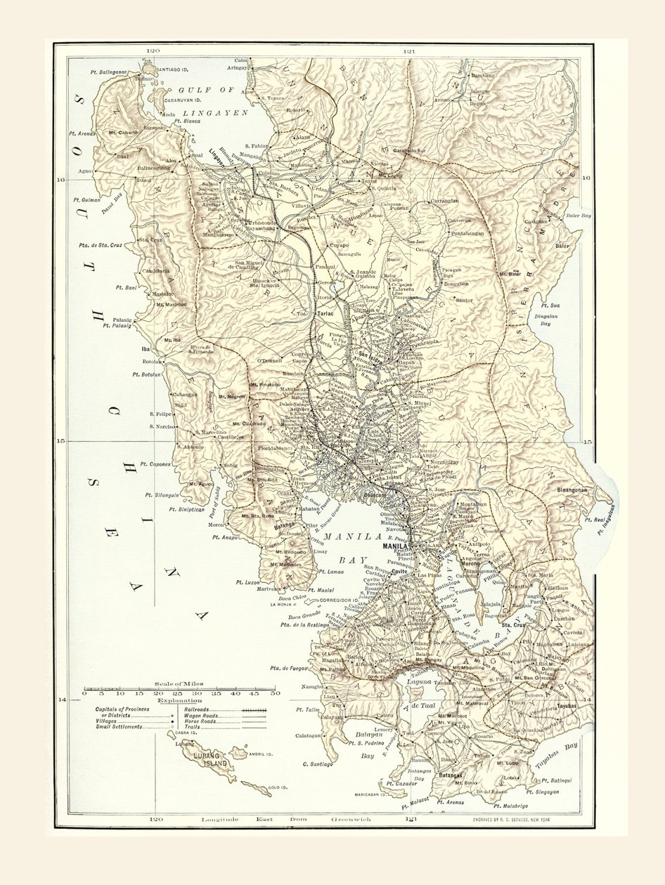 菲律宾马尼拉的地图和1898年美西战争期间的战争地点。 作者 不明