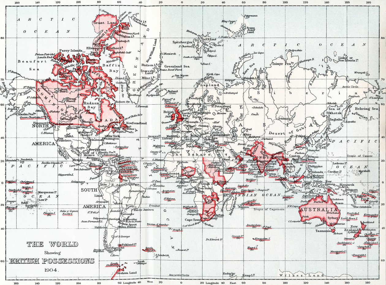 显示1904年英国属地的世界地图。 作者 不明
