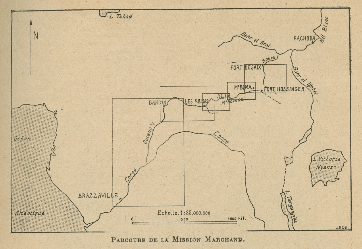 显示 1898 年马尔尚使命路线的地图（石版画） 作者 不明