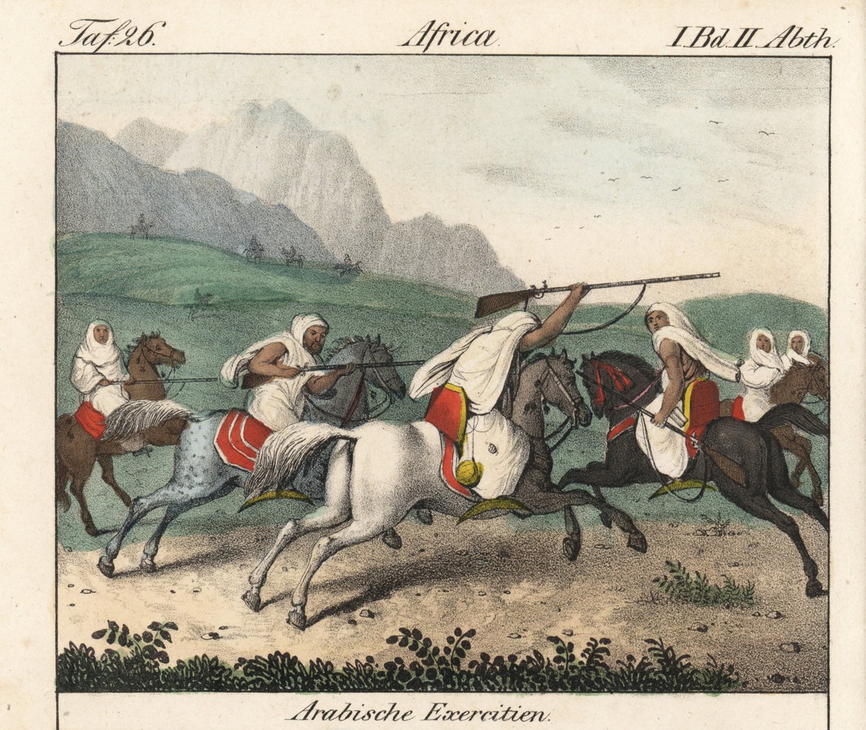 军事演习，阿拉伯骑兵的冲锋。本书的石版画：Friedrich Wilhelm Goedsche（1785-1863 年）著，迈森版（德国），"Galerie complete en tableaux fideles des peuples d