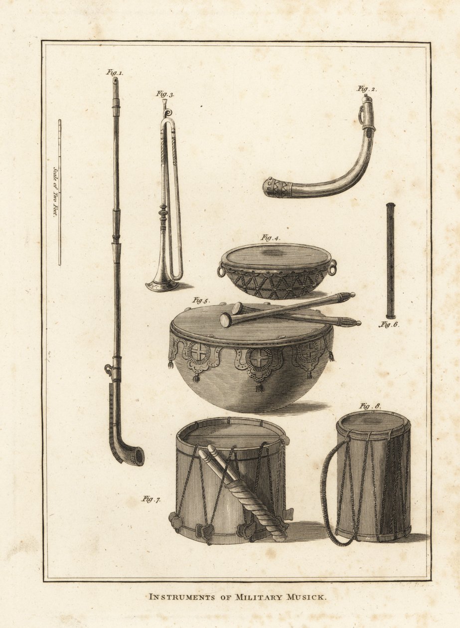 Military musical instruments: trumpet, horn, fife, kettle drum, side drum 作者 不明