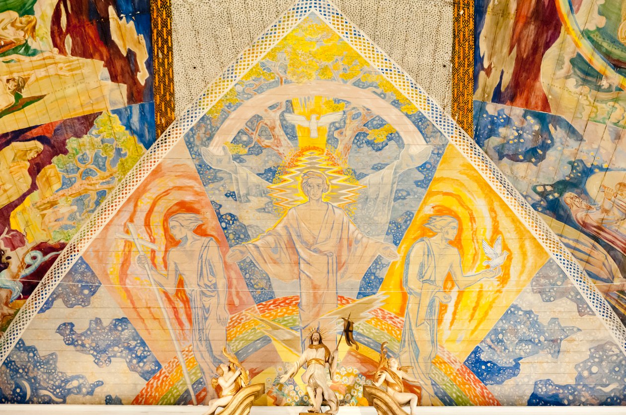 现代艺术; Lou Mohr 的彩色天花板画； """"三位一体""""; 1938 年； 奥斯陆大教堂的耶稣基督画作； 奥尔索·多姆科克； 奥斯陆； 挪威; 斯堪的纳维亚； 北欧; 欧洲 作者 不明