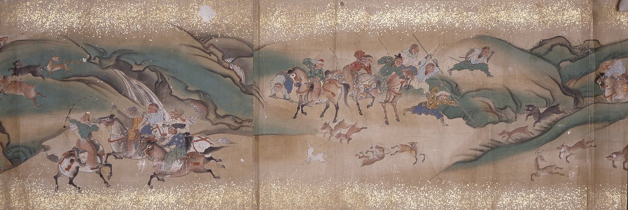 狩猎猴子（墨水、颜色、纸张） 作者 未知艺术家
