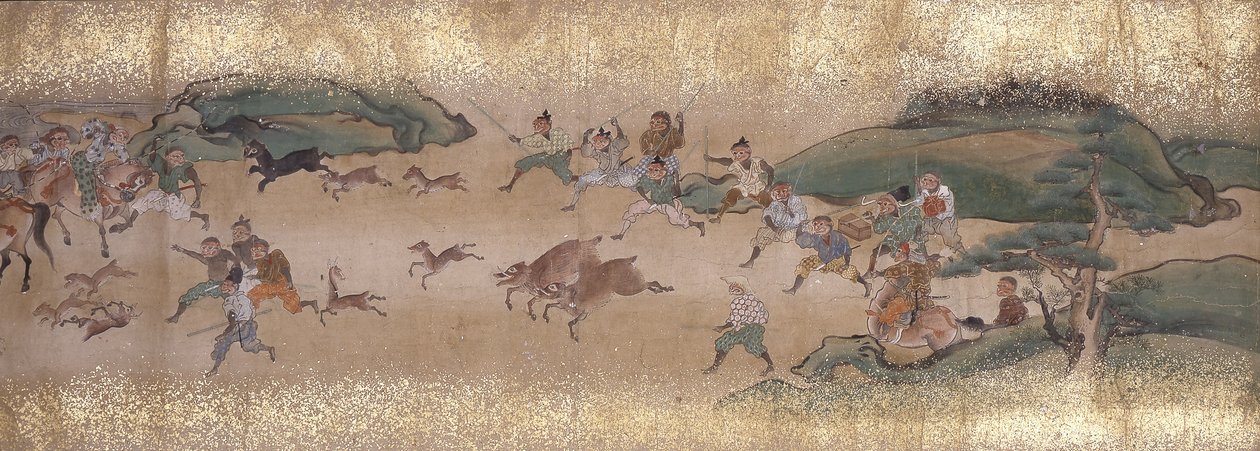 狩猎猴子（墨水、颜色、纸张） 作者 未知艺术家
